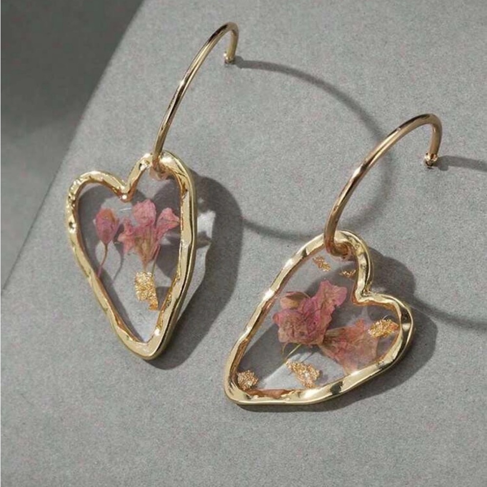 Gold and Pink Floral Heart Earrings